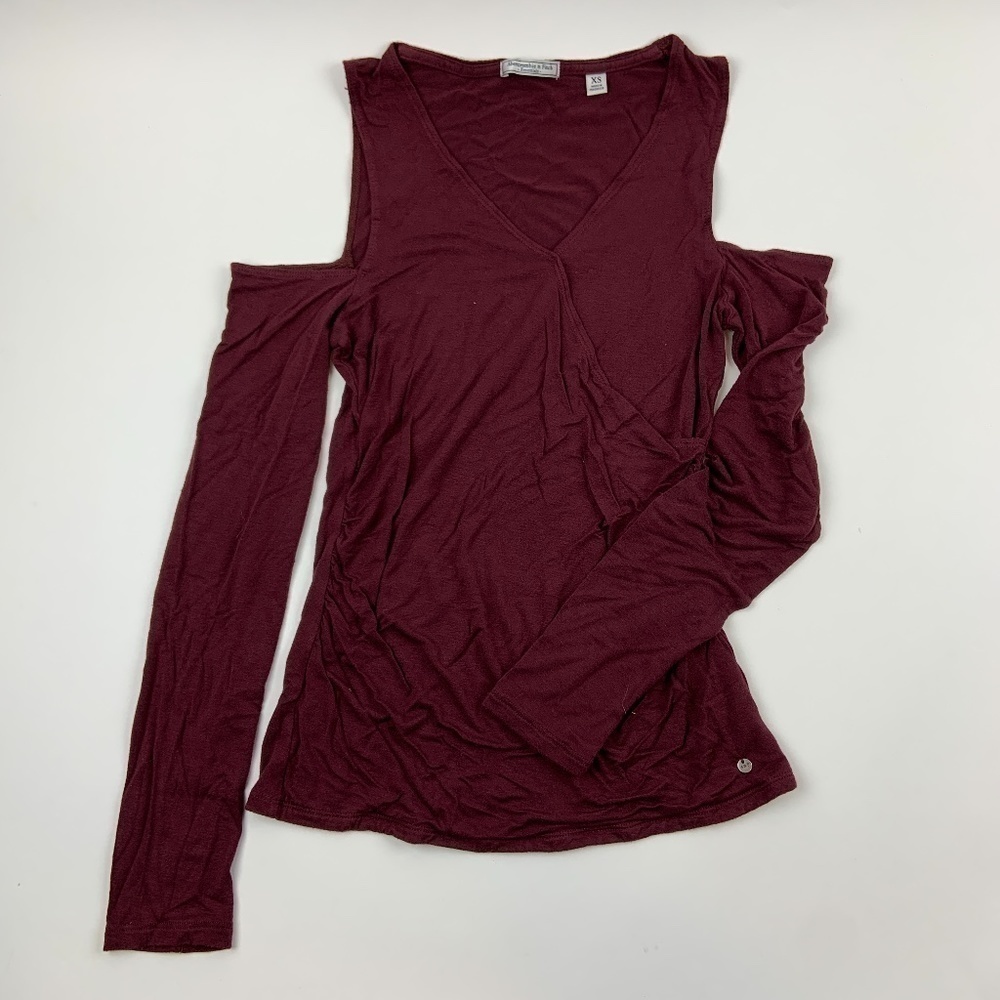 Abercrombie And Fitch Shirt Womens XS V Neck Open Shoulder Long Sleeve Red